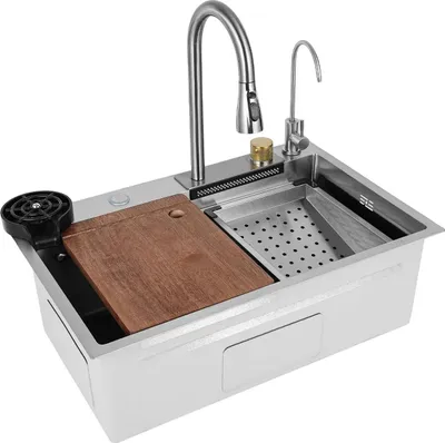 Produktbild von Küchenspüle aus Edelstahl 304 - Einbau-/Unterbau-Einzelbecken - Mit Wasserhahn - 4 Loch - Mit Siebkorb und Abtropfgestell - Hellgrau