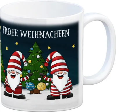 Produktbild von Frohe Weihnachten Kaffeebecher mit Wichtel Motiv Winter Sterne Christbaum Schnee
