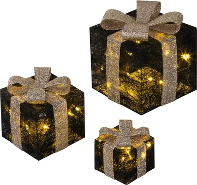 Produktbild von Bambelaa! 3er Led Deko Geschenke Leucht Boxen Timer Weihnachts Dekoration Weihnachtsdeko Beleuchtet Deko Weihnachten Schwarz-Gold