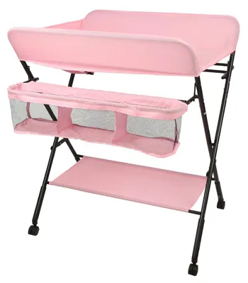 Image de Table à langer pour bébés - Table à langer pliable - 4 roulettes - Structure métallique - Panier de rangement - 0 à 1 an - Doré