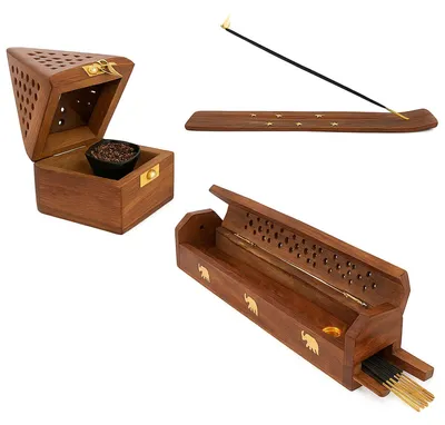 Räucherstäbchen-Ständer-Set, 3 Stück, Holz, mit Aschefänger