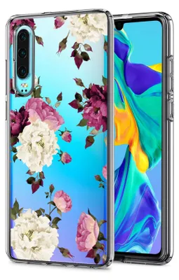 A clear, professional shot of a phone case with a floral pattern, placed next to a smartphone.
