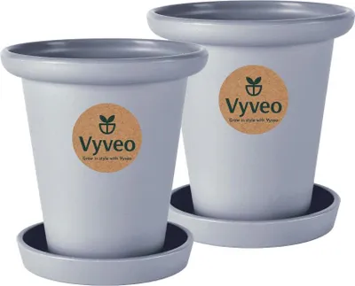 Immagine prodotto di Vyveo - Vaso da fiori Skara con sottovaso - Set da 2 - Grigio scuro - 20x19