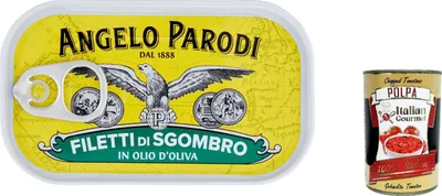 Produktbild von 12x Angelo Parodi Filetti Di Sgombro In Olio D'oliva, Makrele Filets in Olivenöl 90 g + Itlaian Gourmet polpa 400g