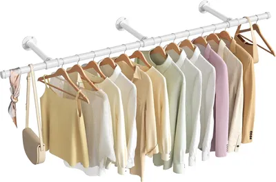 Produktbild von Wandmontiertes Kleiderregal - Kleiderstange - Aufhängestange - Stahlkonstruktion - 30,4 cm x 170 cm x 7 cm - Weiß