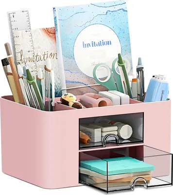 Produktbild von Schreibtisch Organizer 7 Fächer Plastik Büro Organizer, Multifunktionaler Stiftehalter Schreibtisch mit Schublade,Tisch Organizer aus Kunststoff, Stifteköcher für Büro Zuhause Schule (Rosa)