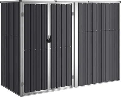 A dark gray metal shed with silver trim and double doors.
