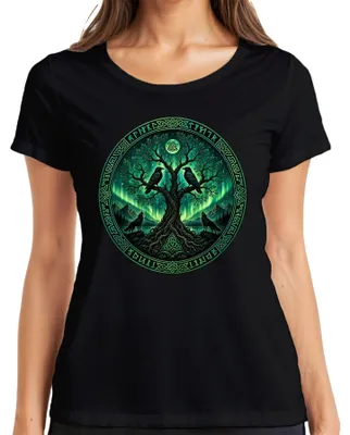 Immagine prodotto di T-shirt da donna, nero, taglia S, con immagine di Yggdrasil (l'albero del mondo), corvi, lupi e riferimenti alla mitologia nordica, ispirato a Odino