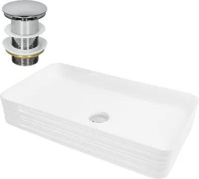 Produktbild von LuxeBath Waschbecken Aufsatzwaschbecken Eckig, 68x38x12 cm, Weiß, aus Keramik, inkl. Ablaufgarnitur ohne Überlauf