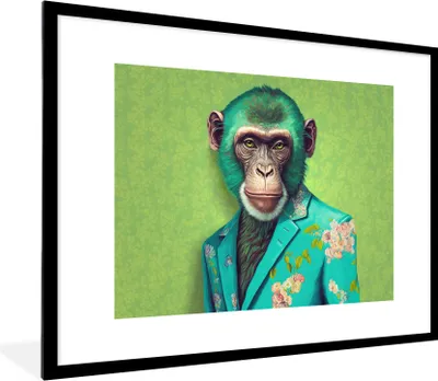 Produktbild von MuchoWow® Gerahmtes Poster Affe - Colbert - Blumen - Neon - Porträt 80x60 cm - Poster mit Schwarzem Bilderrahmen Wandposter Rahmen Foto Bilder - Schlafzimmer-Dekorationen - Fotoposter