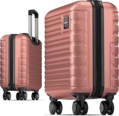 Produktbild von Travely Premium Handgepäck Koffer 45x36x20cm - passend für Ryanair, Lufthansa, Eurowings und co. I 32L Trolley Handgepäck mit sanften Rollen und praktischem TSA Schloss, Reisekoffer, Rosegold