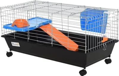 Produktbild von Käfig für Kleinnager - Nagerkäfig - Mit Rollen, Futternapf, Trinkflasche, Rampe, 89×44×43 cm, Kunststoff - Schwarz