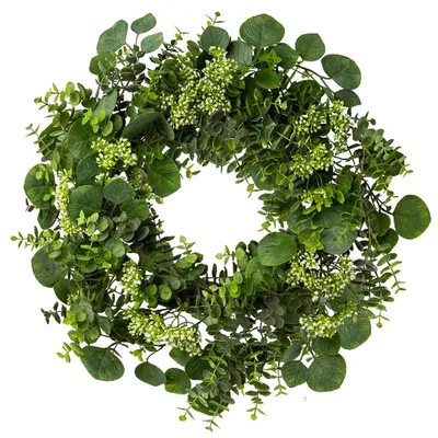 Produktbild von GASPER Eucalypthuskranz mit weißen Blüten Ø 61 cm - Kunstblumen
