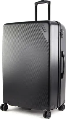 A black suitcase with wheels and a retractable handle.