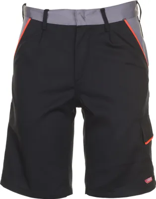 A studio shot of black work shorts with gray and orange accents.