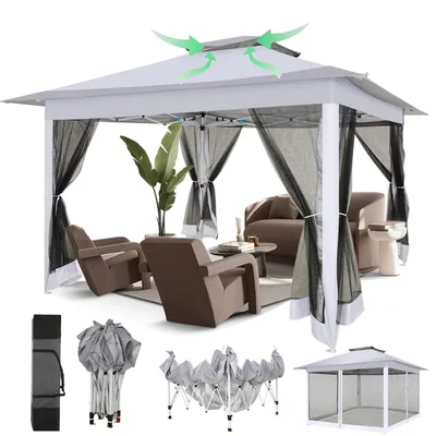 Produktbild von Gartenpavillon 3x3m Wasserdicht Stabil Winterfest Pop Up mit Moskitonetz Doppeldach Faltbar Braun