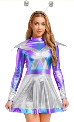 Produktbild von Damen Space Girl Kostüm Gr L Metallic Kleid Silber Lila Blau mit Alien Fühlern Sci-Fi Weltraum Astronautin Karneval Halloween Fasching Party Show