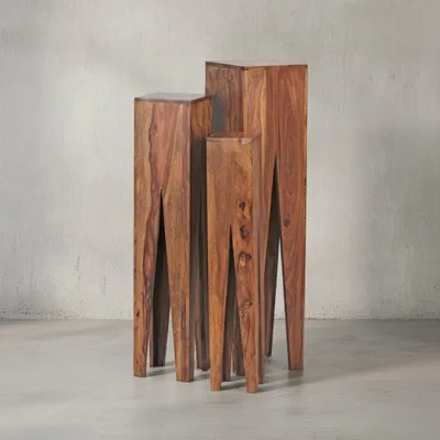 Produktbild von Beistelltisch 3er Set Sheesham Massivholz, Satztisch Quadratisch Modern, Säulentisch 3-teilig, Blumenständer Wohnzimmer Dekosäule