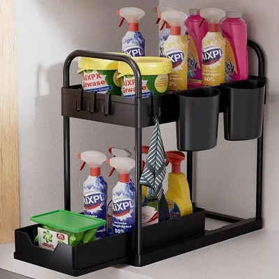 Obrázek produktu pro Černý dvoupatrový organizér se 4 háčky a 2 košíky
