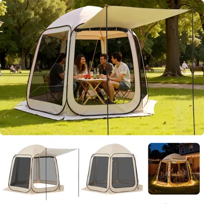 Produktbild von VEVOR Campingzelt, 304,8 x 280,4 cm, Pop-up-Zelt mit ausziehbarer Markise, tragbares Partyzelt für 4–8 Personen mit Tragetasche und Seitenwänden, für Terrasse und Outdoor-Aktivitäten, Beige