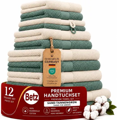 Produktbild von Betz Premium Handtuch-Set 12-teilig – 100% Baumwolle – ®  - 4 Handtücher, 2 Gästetücher, 2 Seiftücher & 2 WH - Sand / tannengrün