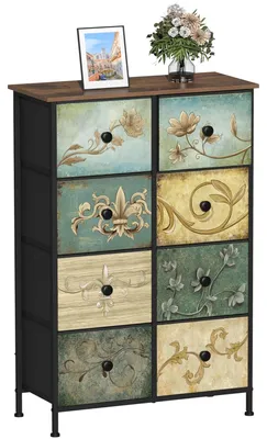 Productafbeelding van TRANKIELO® - Slaapkamercommode met 8 stoffen laden – Vintage kaptafel – Houten blad – Bruin met metalen frame