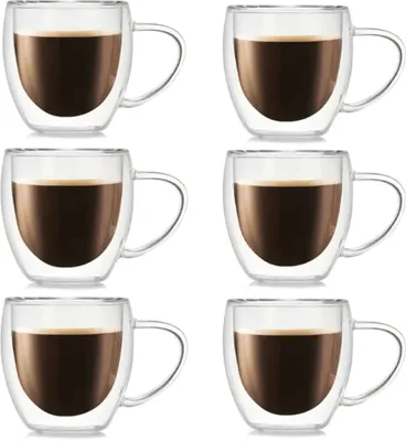 Produktbild von Doppelwandige Gläser | 250 ml mit Henkel | 6 Stück | Latte Kaffee Thermo Becher Tee Thermogläser für Cappuccino Macchiato Tee Kaffeegläser Glastasse