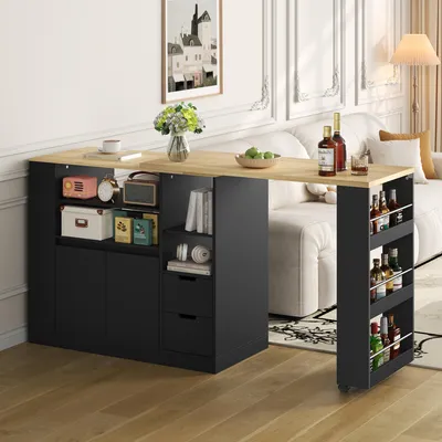Immagine prodotto di Tavolo allungabile per sala da pranzo con piano allungabile, tavolo da pranzo con ripiani su tre lati e due cassetti, tavolo da cucina, colore nero