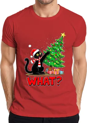 Produktbild von WHAT? schwarze Katze Weihnachten lustig Weihnachtsbaum Geschenke Herren T-Shirt, Rot, S