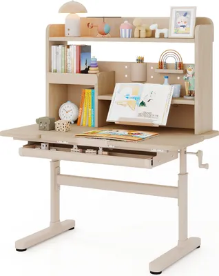 Produktbild von COSTWAY Schreibtisch Kinder, Kinderschreibtisch mit Regal, Schublade & Buchständer, Tischplatte, Schülerschreibtisch für Kinder ab 3+, Natur