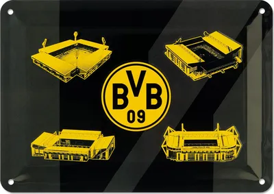 Produktbild von BVB Blechschild 50 Jahre Stadionjubiläum mit vier Ausbaustufen 21x14,8 cm