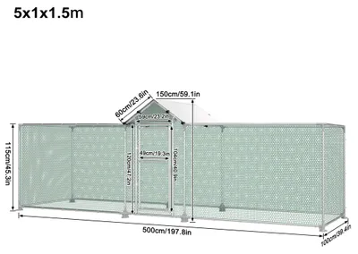 Obrázok produktu pre Kuriňa – ohradenie pre slepice a drobné zvieratá – 5 x 1 meter – nerezová oceľ – strecha z polyetylénu (PE) – odolná voči poveternostným vplyvom – prístupná – dvere so zámkom