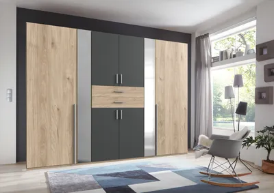 Produktbild von Kleiderschrank "Vanea" in HICKORY OAK + GRAPHIT mit 8 Türen und 4 Einlegeböden. Abmessungen (BxHxT) 270x210x58 cm
