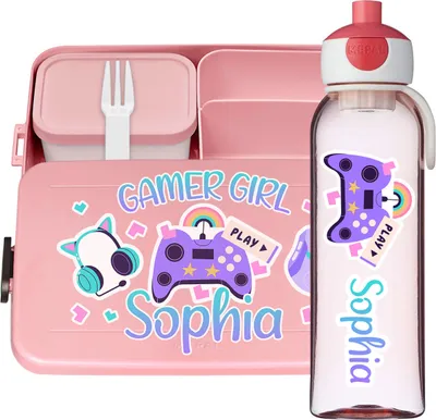 Produktbild von Lunchbox Set für Kinder Jungen zur Schule Personalisiert mit Namen Brotdose Wasserflasche Trinkflasche BPA frei Essen für Unterwegs mit Gabel und Bento Fach To Go Gamer Girl [153]