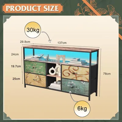 Immagine prodotto di Mobile TV a basso profilo - Mobiletto contenitore per il soggiorno con illuminazione LED - 4 cassetti e vano aperto - 137×30×78 cm - Multicolore
