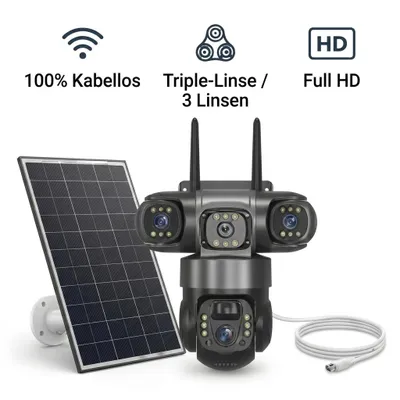 Produktbild von 3-Linsen Solar Überwachungskamera Aussen Full HD, Kabellose WLAN PTZ Outdoor Kamera mit Solarpanel, Bewegungstracking, 2-Wege-Audio, IP66