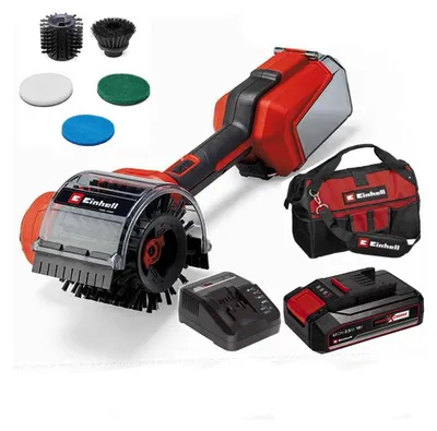 A collection of Einhell power tool accessories, including a brush head, battery, charger, and storage bag, arranged on a white background.