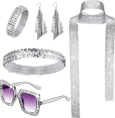Produktbild von 5 Teile/satz Frauen Schmuck Set Pailletten Strass Dekor Vintage 60er 70er Disco Party Favors Cosplay Ohrringe Sonnenbrille Armband Stirnband Schal Set