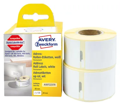 Produktbild von Avery Zweckform AS0722370, Rollen-Etiketten, 28 x 89 mm, 260 Etiketten / 2 Rollen, weiß