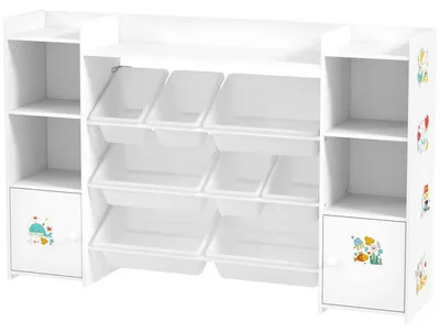 Image de Étagère de rangement pour jouets pour enfants - Étagère 3 en 1 avec 8 boîtes amovibles - Étagère de rangement pour chambre d'enfant - 140x30x90 cm - MDF et acier - Blanc