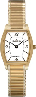 A close-up studio shot of a gold-colored women's wristwatch with a white face.