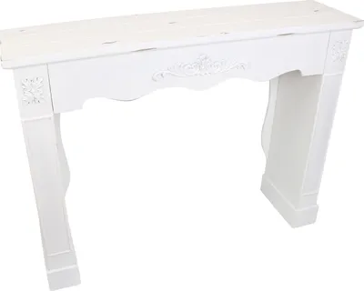 A white decorative fireplace surround console.