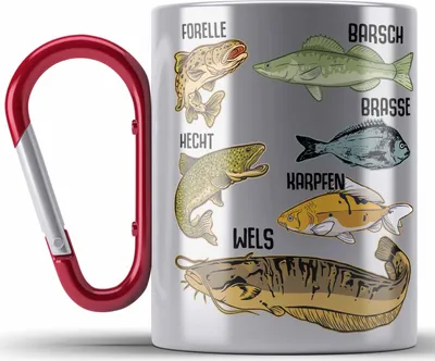 Produktbild von Trendation - Angler Fischer Edelstahl Tasse Karabiner mit Fischarten Geschenk Raubfische Hobbyangler Hecht Forelle Barsch Angeln Karabiner Edelstahl Tasse Karabiner Edelstahl (Rot)