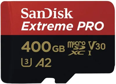 Produktbild von SanDisk Extreme Pro 400 GB microSDXC Memory Card + SD Adapter with A2 App Performance + Rescue Pro Deluxe 170 MB/s Class 10, UHS-I, U3, V30, Red/Gold SDSQXCZ-400G-GN6MA