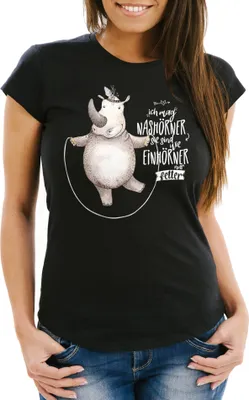 Produktbild von Damen T-Shirt Ich mag Nashörner sie sind wie Einhörner nur fetter Einhorn Nashorn Spruch lustig Slim Fit Moonworks® schwarz L