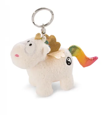 A plush unicorn keychain with wings and a rainbow tail.