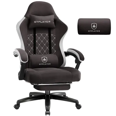 Zdjęcie produktu dla Krzesło gamingowe GTPLAYER, obicie materiałowe, fotel gamingowy z poduszkami sprężynowymi, ergonomiczny fotel obrotowy, krzesło gamingowe z podnóżkiem, udźwig do 150 kg, kolor brązowy