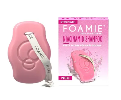 Zdjęcie produktu dla Foamie Solid Shampoo STRENGTH z niacynamidem, objętość dla cienkich i przerzedzonych włosów, niacyna i ekstrakty z ryżu dla intensywnej ochrony i wzmocnienia
