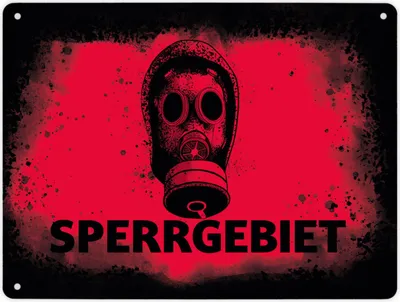 Produktbild von Sperrgebiet Metallschild XL in 21x28 cm mit Gasmaskenmotiv in rot