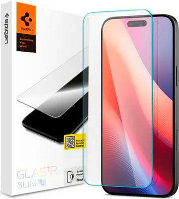 A product shot of a Spigen screen protector box and the screen protector itself placed on a smartphone.